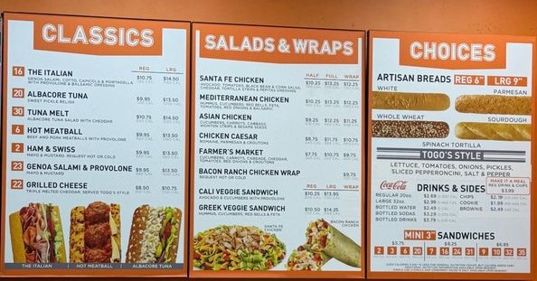 Togo's Menu